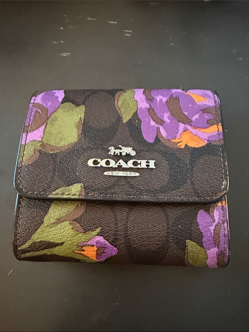 Coach Brown Signature Floral Compact Wallet with Purple, Green & Orange Accents